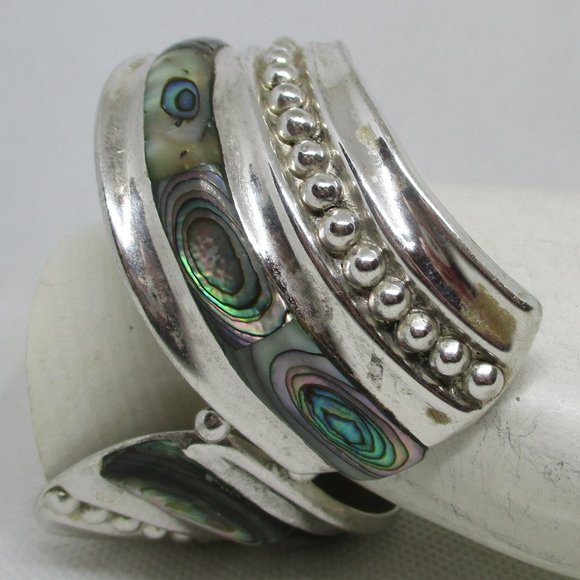 Wide ABALONE MEXICAN SILVER Clamper Mexican Cuff Bracelet Marked Alpaca Mexico - Picture 9 of 11